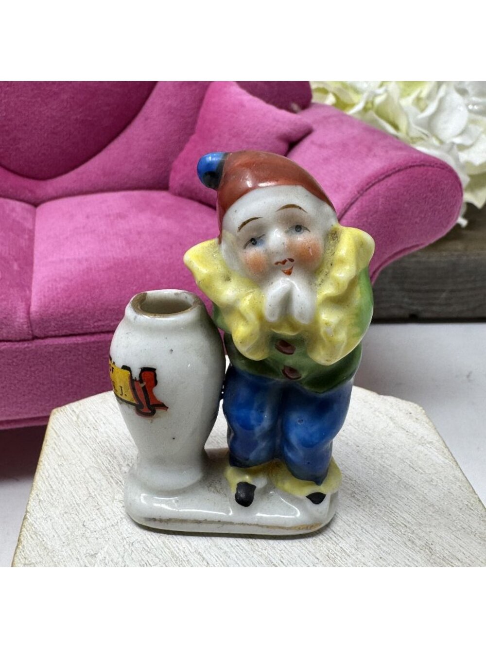 Vintage Clown Figurine With Vase Souvenir Of Atlantic City N.J. 1940's